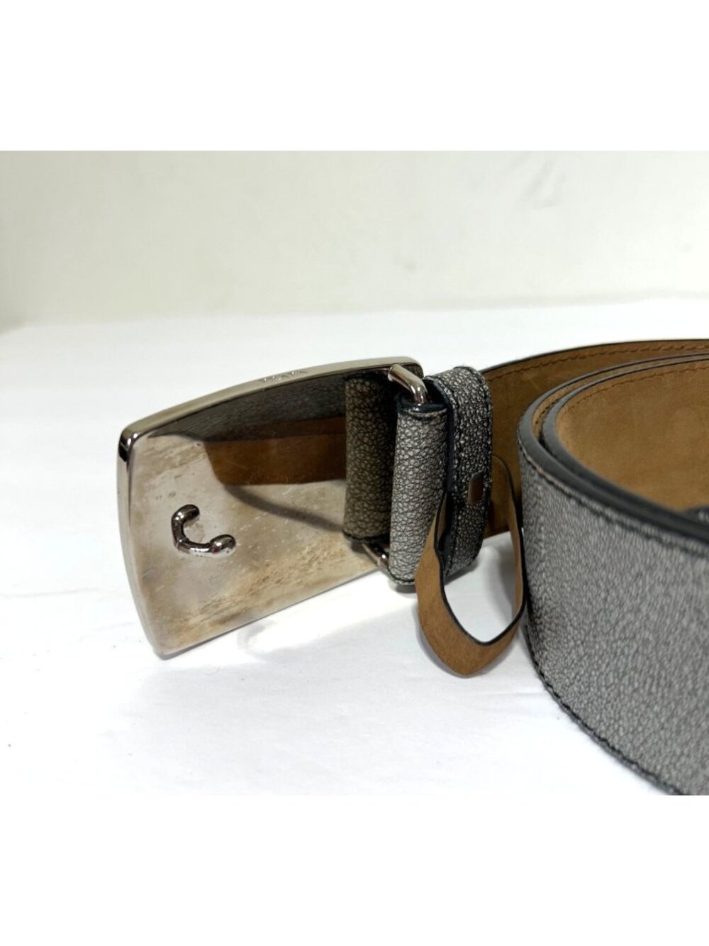 Prada Silver Mens Sz 38 Leather Belt With Black Embossed Buckle Made In Italy - Picture 5 of 11